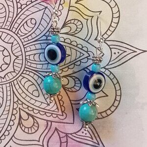 EVIL EYE WARD EARRINGS, Turquoise Magnesite, Bali-Style Accents SMALL SIZE